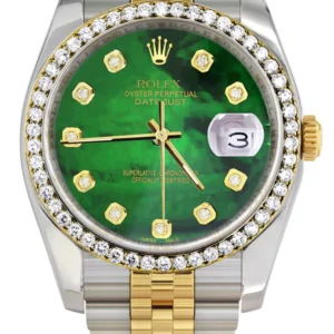 116233 | Hidden Clasp | Diamond Rolex Datejust Two Tone | 36MM | Green Diamond Mother Of Pearl Dial | Jubilee Band