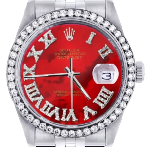 Womens Rolex Datejust Watch 16200 | 36Mm | Diamond Red Mother Of Pearl Roman Numeral Dial | Jubilee Band