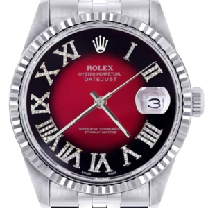 Mens Rolex Datejust Watch 16200 | Fluted Bezel | 36Mm | Red Black Roman Numeral Dial | Jubilee Band