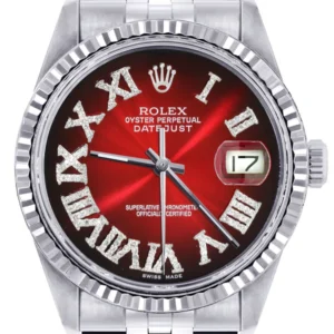 Mens Rolex Datejust Watch 16200 | Fluted Bezel | 36Mm | Red Black Roman Numeral Dial | Jubilee Band