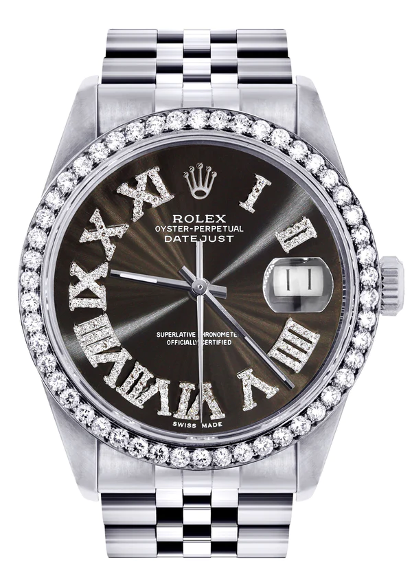 Womens Rolex Datejust Watch 16200 36Mm Custom Dark Brown Roman Numeral Dial Jubilee Band 1