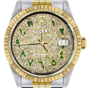 Mens Rolex Datejust Watch 16233 Two Tone | Fluted Bezel | 36Mm | Diamond Green Arabic Numeral | Jubilee Band
