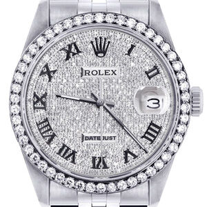 Mens Diamond Rolex Datejust Watch 16200 | 36MM | Fully Iced Out Diamond Roman Dial | Jubilee Band