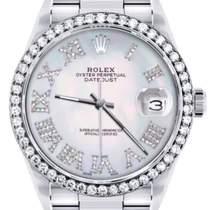 Diamond Mens Rolex Datejust Watch 16200 | 36Mm | Light Blue Mother Of Pearl Roman Numeral Dial | Oyster Band