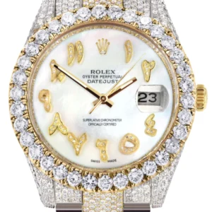 Diamond Iced Out Rolex Datejust 41 | 25 Carats Of Diamonds | Custom Mother of Pearl Arabic Numeral Diamond Dial | Two Tone | Oyster Band