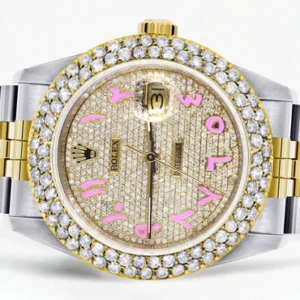 Diamond Gold Rolex Watch For Men 16233 | 36Mm | Diamond Pink Arabic Dial | Two Row 4.25 Carat Bezel | Jubilee Band