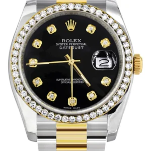 116233 | Diamond Gold Rolex Watch For Men | 36Mm | Black Dial | Oyster Band