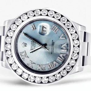 Diamond Rolex Datejust 2 | Stainless Steel | Custom Blue Diamond Roman Numeral Dial | 41 MM