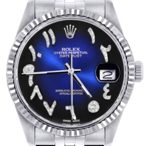Mens Rolex Datejust Watch 16200 | Fluted Bezel | 36Mm | Blue Black Arabic Dial | Jubilee Band