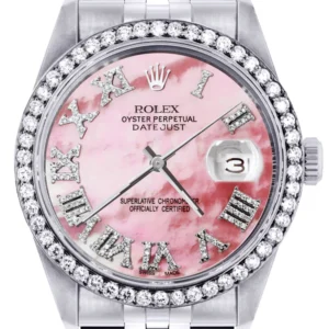 Diamond Mens Rolex Datejust Watch 16200 | 36Mm | Pink Mother Of Pearl Roman Numeral Dial | Jubilee Band
