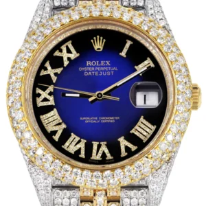 Diamond Iced Out Rolex Datejust 41 | 25 Carats Of Diamonds | Custom Blue Black Roman Numeral Diamond Dial | Two Tone | Two Row | Jubilee Band