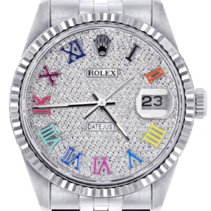 Mens Rolex Datejust Watch 16200 | Fluted Bezel | 36Mm | Colored Roman Diamond Dial | Jubilee Band