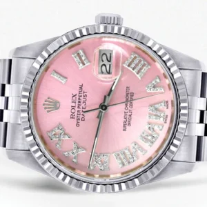 Mens Rolex Datejust Watch 16200 | 36Mm | Pink Roman Numeral Dial | Two Row 4.25 Carat Bezel | Jubilee Band