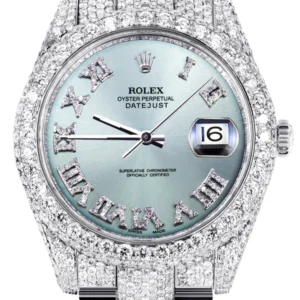 Diamond Iced Out Rolex Datejust 41 | 25 Carats Of Diamonds | Custom Teal Roman Diamond Dial | Two Row | Oyster Band