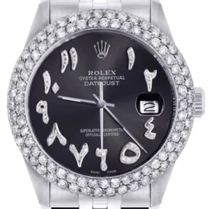 Mens Rolex Datejust Watch 16200 | 36Mm | Diamond Black Arabic Numeral Dial | Two Row 4.25 Carat Bezel | Jubilee Band