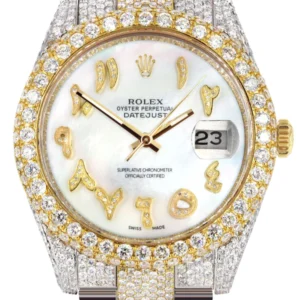 Diamond Iced Out Rolex Datejust 41 | 25 Carats Of Diamonds | Custom Mother of Pearl Arabic Numeral Diamond Dial | Two Tone | Two Row | Oyster Band