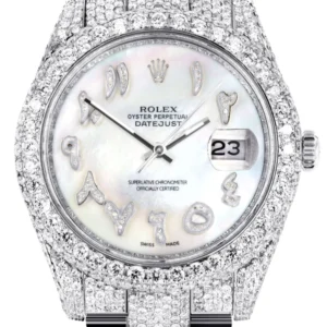 Diamond Iced Out Rolex Datejust 41 | 25 Carats Of Diamonds | Custom Mother of Pearl Arabic Numeral Diamond Dial | Two Row | Oyster Band