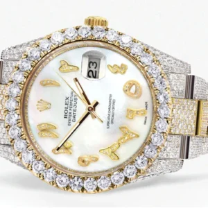 Diamond Iced Out Rolex Datejust 41 | 25 Carats Of Diamonds | Custom Mother of Pearl Arabic Numeral Diamond Dial | Two Tone | Oyster Band