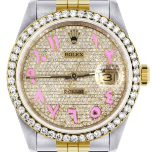 Womens Gold Rolex Watch 16233 | 36Mm | Custom Pink Arabic Full Diamond Dial | Jubilee Band