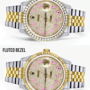 Diamond Gold Rolex Watch For Men 16233 | 36Mm | Custom Pink Arabic Full Diamond Dial | Jubilee Band