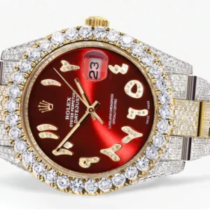Diamond Iced Out Rolex Datejust 41 | 25 Carats Of Diamonds | Custom Red Arabic Numeral Diamond Dial | Two Tone | Oyster Band
