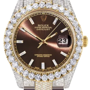Diamond Iced Out Rolex Datejust 41 | 25 Carats Of Diamonds | Morocco Brown Diamond Dial | Two Tone | Oyster Band