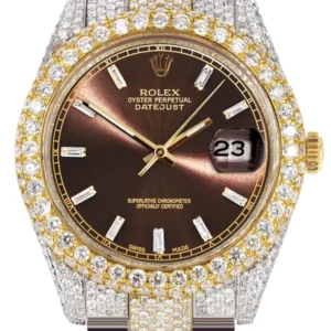 Diamond Iced Out Rolex Datejust 41 | 25 Carats Of Diamonds | Morocco Brown Dial | Two Tone | Two Row | Oyster Band