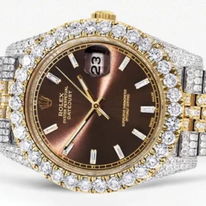 Diamond Iced Out Rolex Datejust 41 | 25 Carats Of Diamonds | Custom Morocco Brown Dial | Two Tone | Jubilee Band