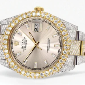 Diamond Iced Out Rolex Datejust 41 | 25 Carats Of Diamonds | Custom Dawn Pink Dial | Two Tone | Two Row | Oyster Band
