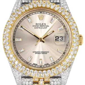 Diamond Iced Out Rolex Datejust 41 | 25 Carats Of Diamonds | Custom Dawn Pink Dial | Two Tone | Two Row | Jubilee Band