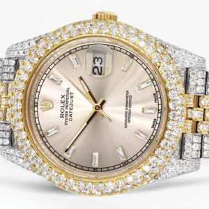 Diamond Iced Out Rolex Datejust 41 | 25 Carats Of Diamonds | Custom Dawn Pink Dial | Two Tone | Two Row | Jubilee Band