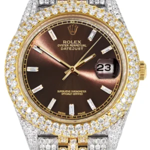 Diamond Iced Out Rolex Datejust 41 | 25 Carats Of Diamonds | Custom Morocco Brown Dial | Two Tone | Two Row | Jubilee Band