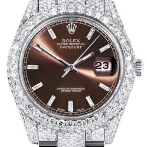 Diamond Iced Out Rolex Datejust 41 | 25 Carats Of Diamonds | Morocco Brown Dial | Two Row | Oyster Band