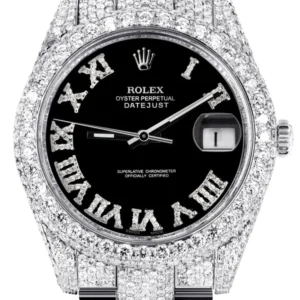 Diamond Iced Out Rolex Datejust 41 | 25 Carats Of Diamonds | Custom Black Roman Numeral Diamond Dial | Two Row | Oyster Band