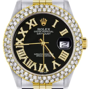 Diamond Gold Rolex Watch For Men 16233 | 36Mm | Black Roman Dial | Two Row 4.25 Carat Bezel | Jubilee Band