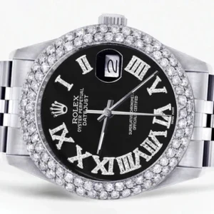 Mens Rolex Datejust Watch 16200 | 36Mm | Black Roman Numeral Dial | Two Row 4.25 Carat Bezel | Jubilee Band