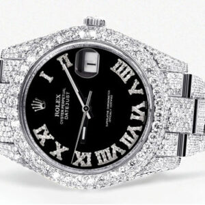 Diamond Iced Out Rolex Datejust 41 | 25 Carats Of Diamonds | Custom Black Roman Numeral Diamond Dial | Two Row | Oyster Band