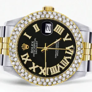 Diamond Gold Rolex Watch For Men 16233 | 36Mm | Black Roman Dial | Two Row 4.25 Carat Bezel | Jubilee Band