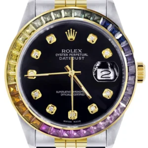 Diamond Gold Rolex Watch For Men 16233 | 36Mm | Rainbow Sapphire Bezel | Black Dial | Jubilee Band