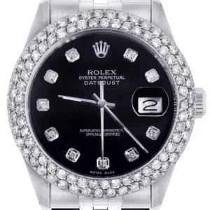 Mens Rolex Datejust Watch 16200 | 36Mm | Black Dial | Two Row 4.25 Carat Bezel | Jubilee Band