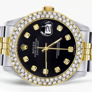 Diamond Gold Rolex Watch For Men 16233 | 36Mm | Black Dial | Two Row 4.25 Carat Bezel | Jubilee Band