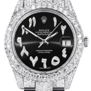 Diamond Iced Out Rolex Datejust 41 | 25 Carats Of Diamonds | Custom Black Arabic Numeral Diamond Dial | Two Row | Oyster Band