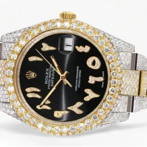 Diamond Iced Out Rolex Datejust 41 | 25 Carats Of Diamonds | Custom Black Arabic Numeral Diamond Dial | Two Tone | Two Row | Oyster Band