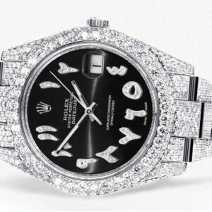 Diamond Iced Out Rolex Datejust 41 | 25 Carats Of Diamonds | Custom Black Arabic Numeral Diamond Dial | Two Row | Oyster Band