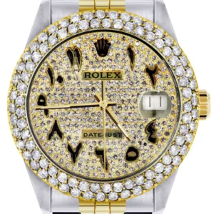 Diamond Gold Rolex Watch For Men 16233 | 36Mm | Black Arabic Full Diamond Dial | Two Row 4.25 Carat Bezel | Jubilee Band