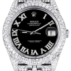 Diamond Iced Out Rolex Datejust 41 | 25 Carats Of Diamonds | Custom Black Roman Numeral Diamond Dial | Two Row | Jubilee Band