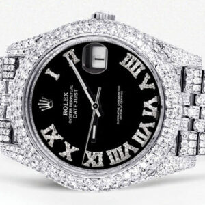 Diamond Iced Out Rolex Datejust 41 | 25 Carats Of Diamonds | Custom Black Roman Numeral Diamond Dial | Two Row | Jubilee Band