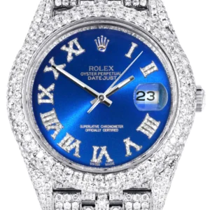 Diamond Iced Out Rolex Datejust 41 | 25 Carats Of Diamonds | Custom Blue Roman Numeral Diamond Dial | Two Row | Jubilee Band