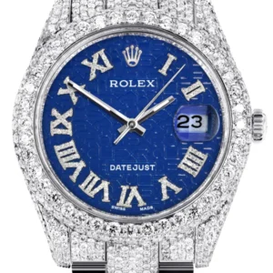 Diamond Iced Out Rolex Datejust 41 | 25 Carats Of Diamonds | Blue Text Pattern Dial | Two Row | Oyster Band