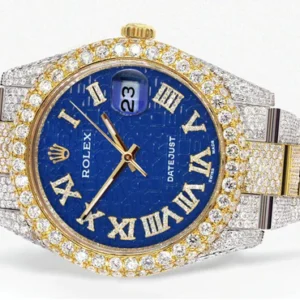 Diamond Iced Out Rolex Datejust 41 | 25 Carats Of Diamonds | Blue Text Pattern Dial | Two Tone | Two Row | Oyster Band